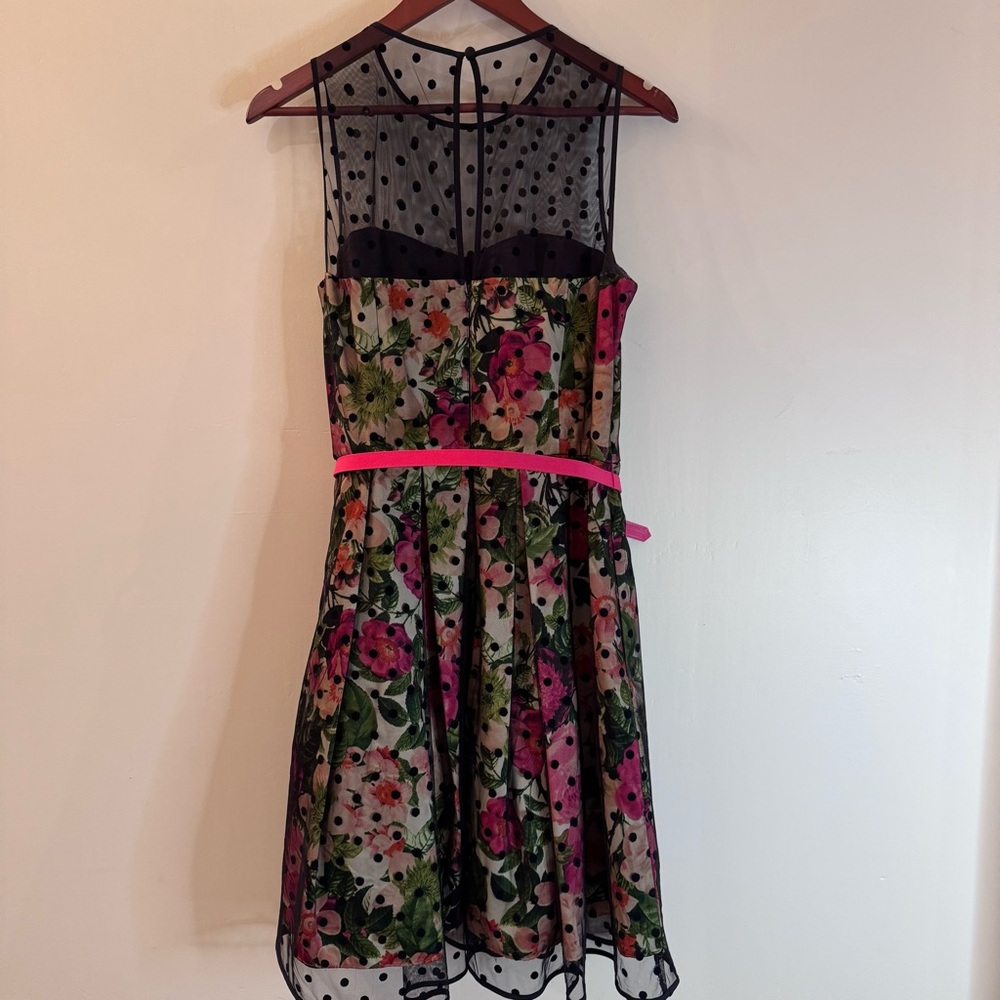 Eliza J Floral Polka Dot Fit and Flare Sleeveless Dress with Pink Belt Size 12 - Picture 4 of 7